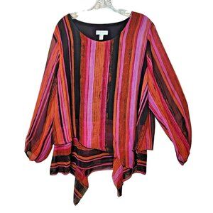 Susan Graver Blouse L Pink‎ Striped Long Sleeve Asymmetrical Hem Preowned